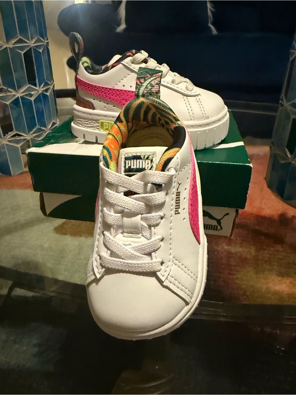 Puma Kids White Sneakers with Pink Accent and Colorful Liner